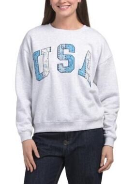 LAZY SUNDAY Fleece USA Bandana Patch Crewneck Heather Grey Sweatshirt Medium NEW